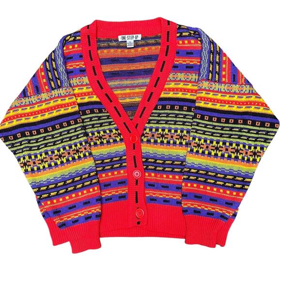 Vtg 80s 90s One Step Up Dopamine Cardigan Oversized Knit Sweater Sz S Unisex EUC - Picture 1 of 15